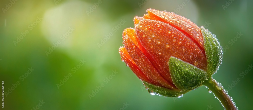 Close-up of a water droplets covered orange rose bud with green background and soft bokeh Copy Space Close-up of a water droplets covered orange rose bud with green background and soft bokeh Copy Space