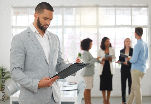 Business, man and planning with clipboard in office for budget proposal and finance investment report. Professional, accountant and documents in boardroom for performance review or financial growth