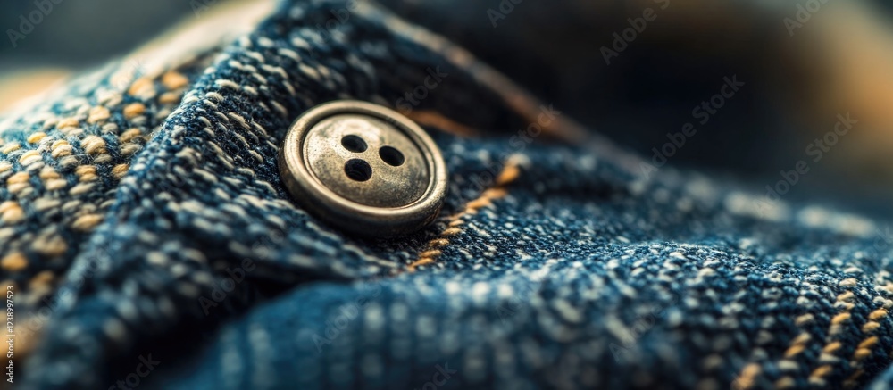 Close-up of a metallic button on a piece of denim fabric showcasing texture and stitching details with Copy Space.