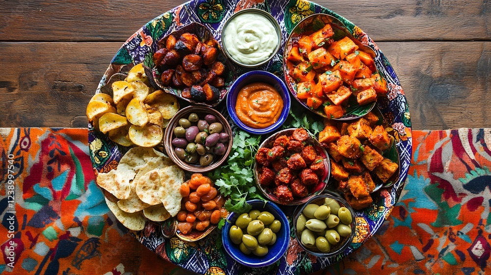 Fototapeta premium Colorful Plate of Assorted Dishes with Dips and Fresh Ingredients