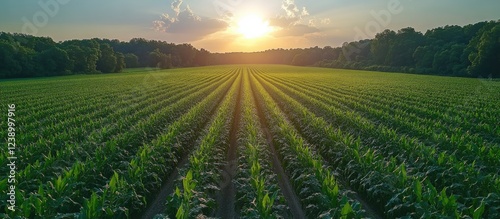 Vast agricultural field at sunrise with rows of crops under a vibrant sky and copy space for text photo