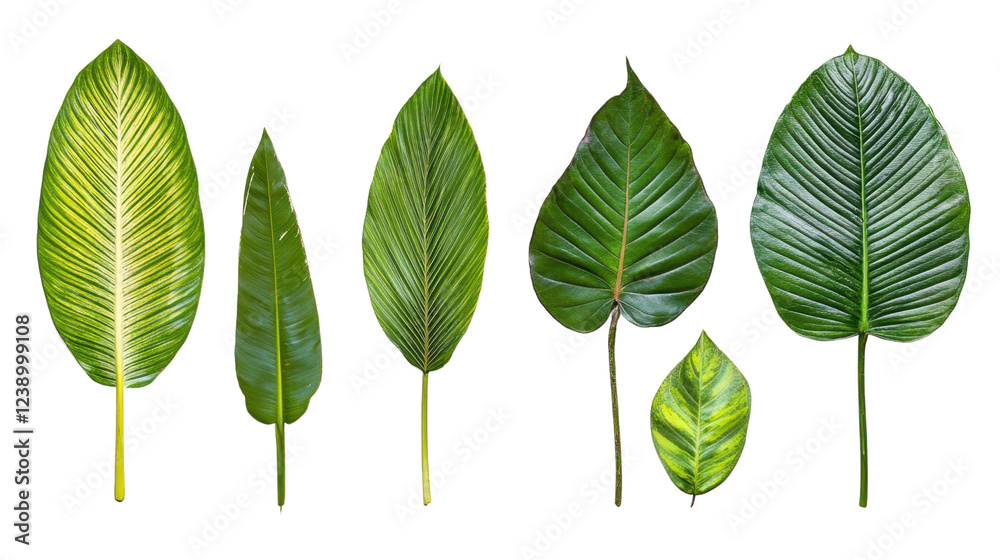 A series of green leaves are shown in various sizes and shapes A series of green leaves are shown in various sizes and shapes