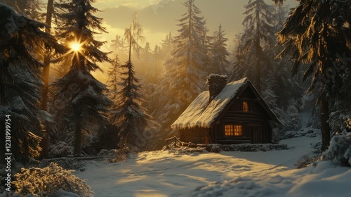 Winter Cabin Sunset In Snowy Forest Landscape