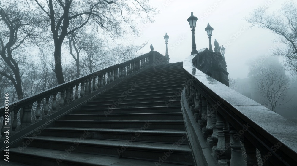 Obraz premium Dark and eerie staircase shrouded in fog, perfect horror background for designers exploring chaos and unsettling atmosphere
