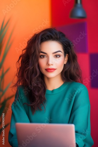 woman working on laptop in cozy cafe