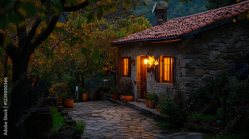The house is surrounded by trees, surrounded by yellow lights that are on. The house is surrounded by trees, surrounded by yellow lights that are on.