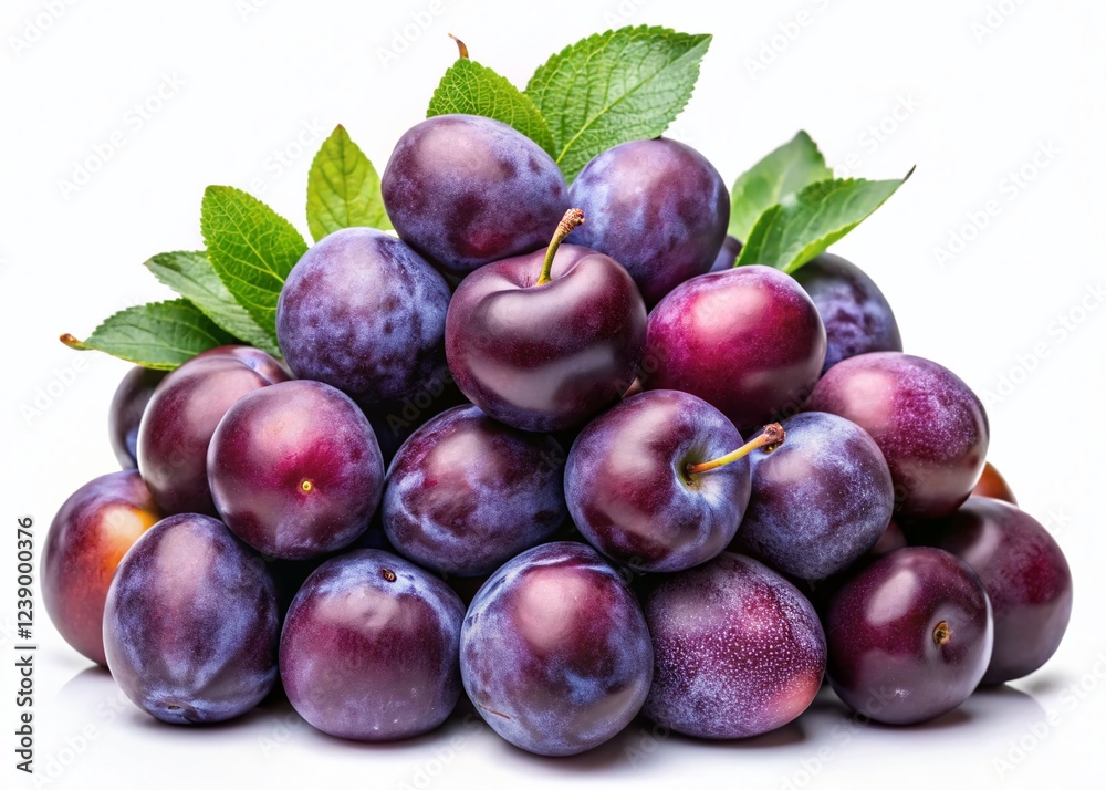 Fototapeta premium Juicy Plums: A Delicious Pile of Fresh Purple Plums Isolated on White Background