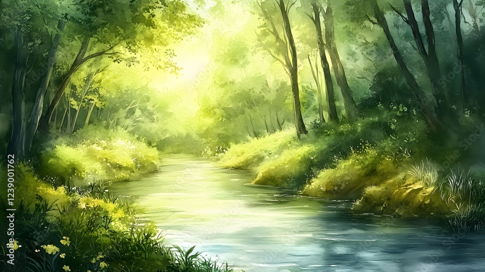 Serene River Flows Through Lush Green Forest Serene River Flows Through Lush Green Forest