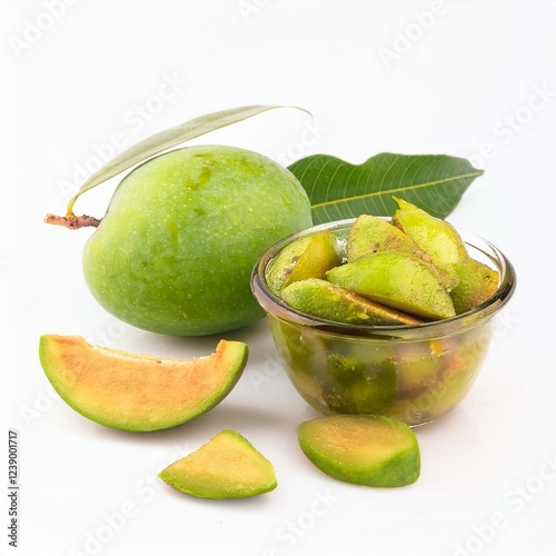 Green mango Pickle isolated on a white background.
ai generated