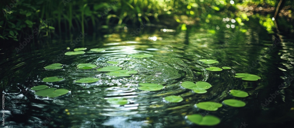 Lily pads floating on calm water surface with ripples and natural green foliage in the background Copy Space Lily pads floating on calm water surface with ripples and natural green foliage in the background Copy Space