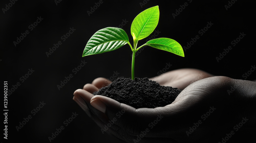 Hands holding a small plant with soil against a black background, symbolizing growth, nurturing, and new beginnings Hands holding a small plant with soil against a black background, symbolizing growth, nurturing, and new beginnings