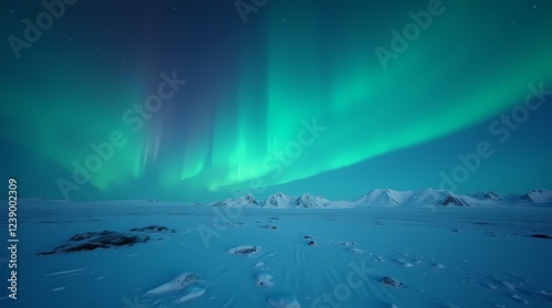 An arctic desert where the sky is illuminated by the northern lights. There is only snow and ice around, but this emptiness has its own magic