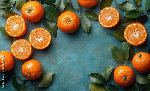 Bright Flat Lay of Oranges on Pastel Blue Background Modern Minimalist Composition photo