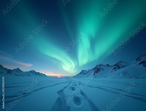 An arctic desert where the sky is illuminated by the northern lights. There is only snow and ice around, but this emptiness has its own magic