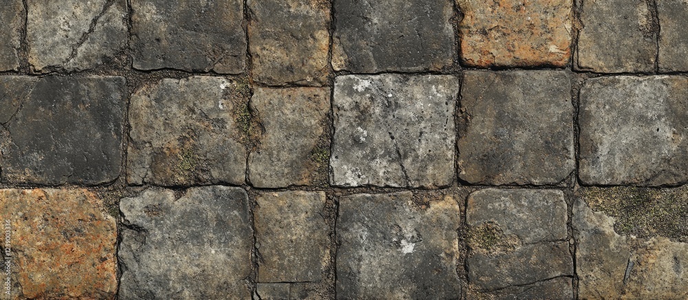 Stone pavement texture with irregular rectangular stones in various shades of gray and brown, suitable for background use, Copy Space. Stone pavement texture with irregular rectangular stones in various shades of gray and brown, suitable for background use, Copy Space.