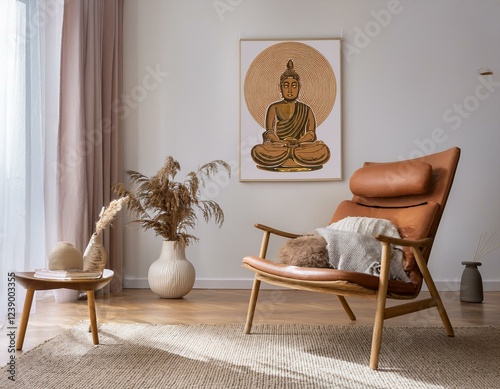 interior design of a living room in a minimalist scandinavian style with a buddha painting and an armchair