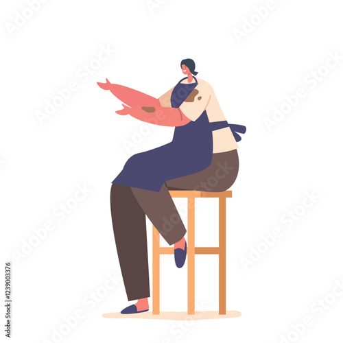 Potter Or Sculptor Female Character In Clothes With Clay Spots Sit on Stool, Concentrating On Creation Of Pottery