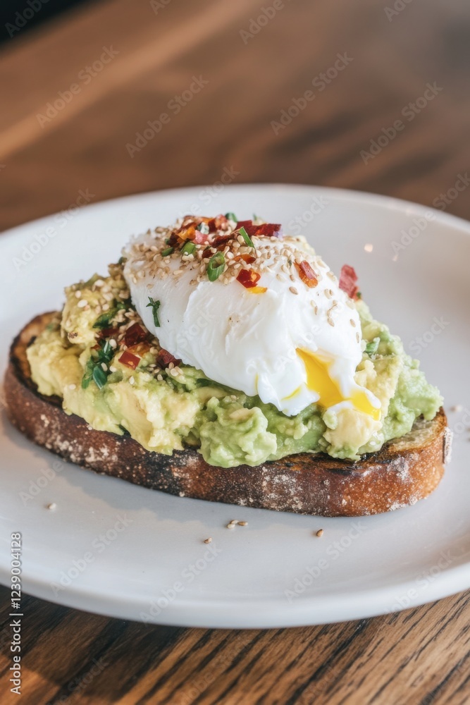 Delicious mashed avocado toast with poached egg and toppings in soft light Delicious mashed avocado toast with poached egg and toppings in soft light