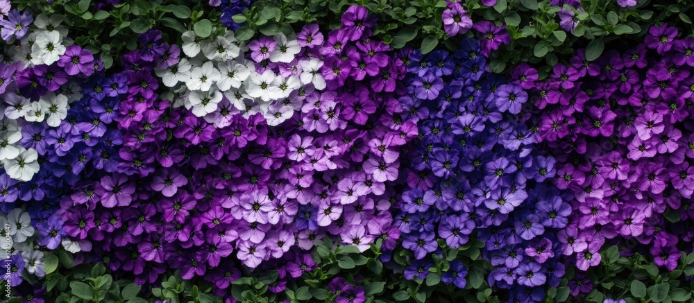 Vibrant wall of blooming flowers in shades of purple, violet, and white with lush green foliage, ideal for floral backgrounds and designs Copy Space Vibrant wall of blooming flowers in shades of purple, violet, and white with lush green foliage, ideal for floral backgrounds and designs Copy Space