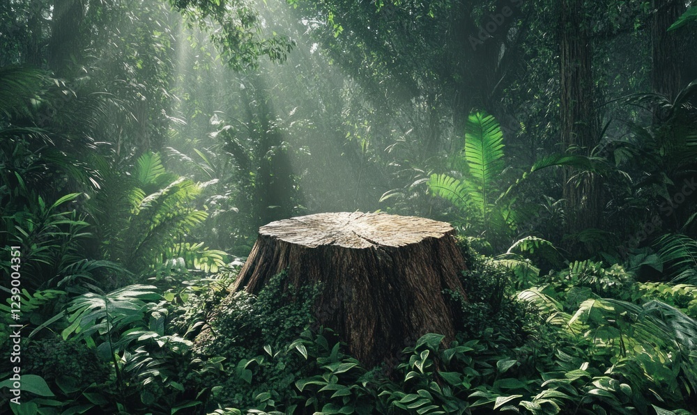 Mystical Jungle: Sunbeams Illuminate Ancient Tree Stump Mystical Jungle: Sunbeams Illuminate Ancient Tree Stump