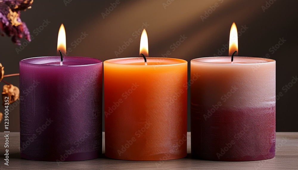 warm ambiance three vibrant candles in orange purple and burgundy warm ambiance three vibrant candles in orange purple and burgundy