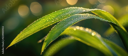 Close-up of fresh green leaves with water droplets illuminated by soft morning sunlight featuring blurred background and Copy Space photo