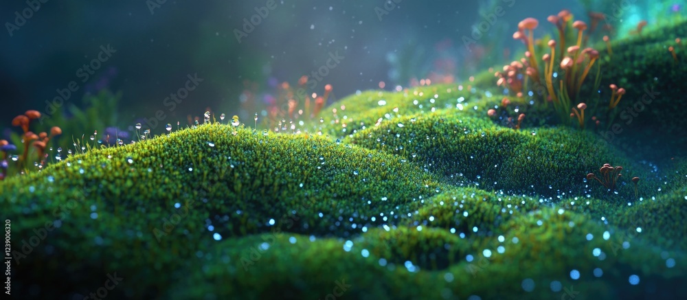 Obraz premium Mossy forest floor with colorful mushrooms and dew drops in an ethereal light setting Copy Space