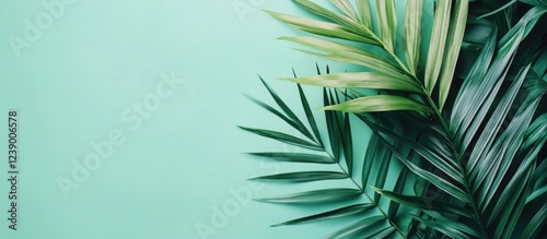 Tropical palm leaves on mint green background with copy space for text or design use