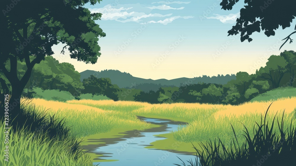 Naklejka premium Serene River Meandering Through Verdant Meadows And Rolling Hills