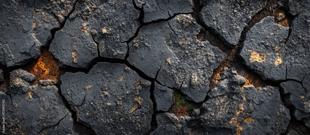 Fototapeta premium Cracked black asphalt surface with yellow and brown patches showing through, displaying texture and detail, Copy Space available