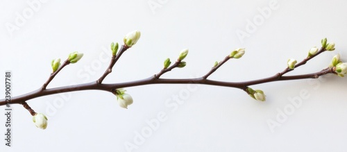 Tree branch with budding leaves and flowers on a white background with Copy Space