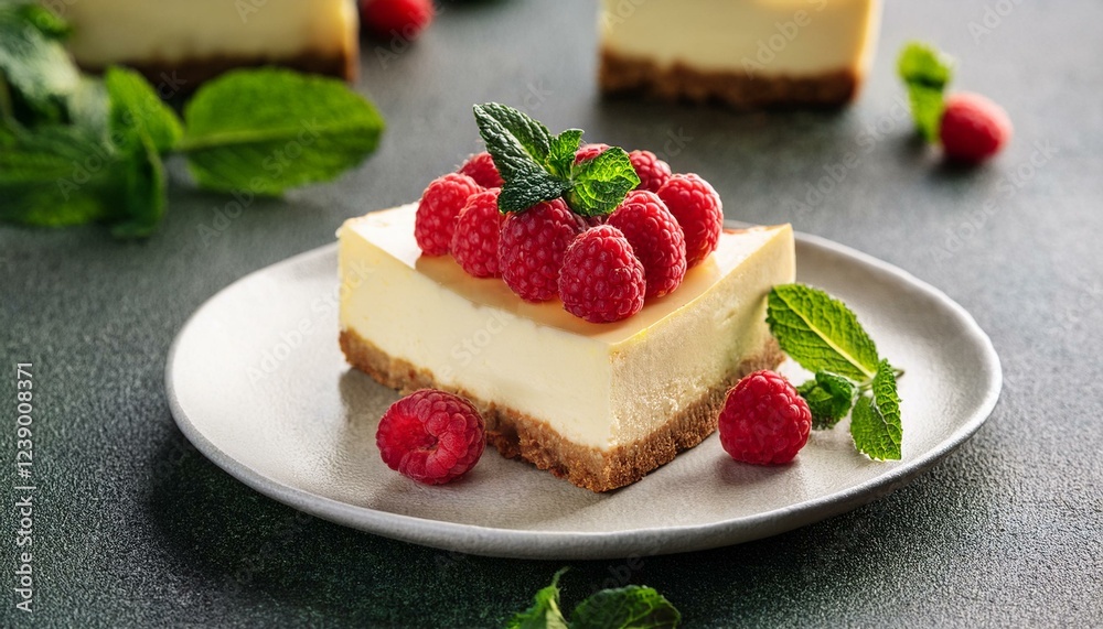 delicious cheesecake with raspberries and mint leaves delicious cheesecake with raspberries and mint leaves