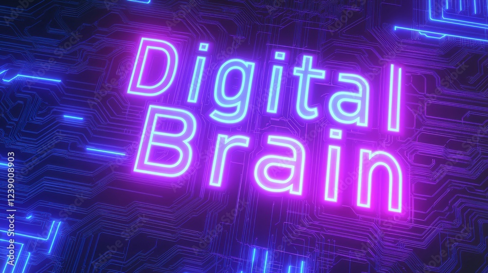 Neon Typography of Digital Brain in Bright Blue Circuits Neon Typography of Digital Brain in Bright Blue Circuits
