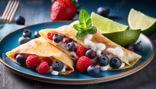 creamy four berry chimichangas with zesty lime zest and fresh berries