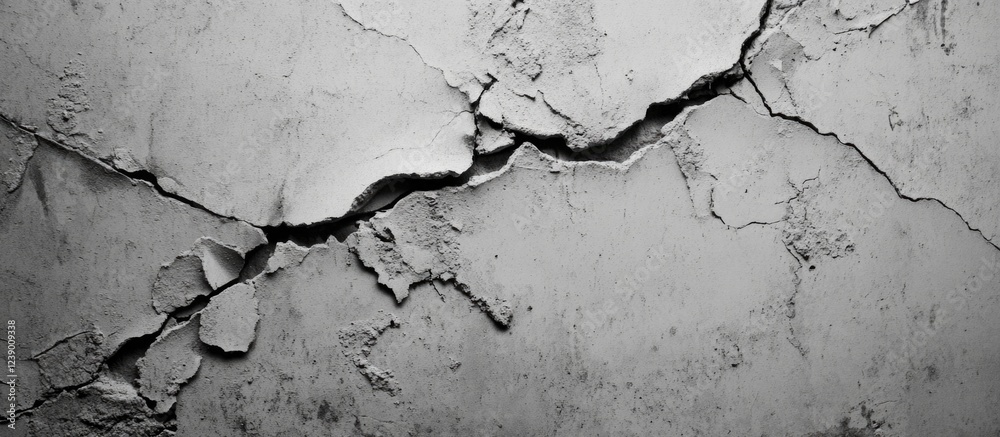 Fototapeta premium Cracked gray concrete wall texture with visible peeling and damage Copy Space