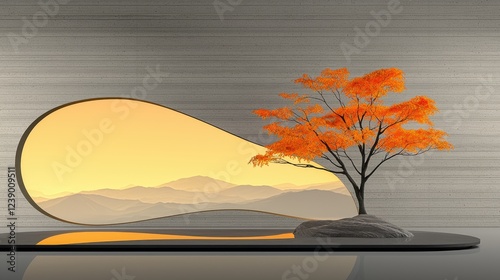 Autumn tree bonsai, serene minimalist room, mountain view, zen interior design photo