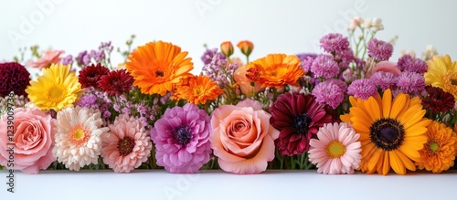 Colorful variety of fresh flowers in a horizontal arrangement with copy space on a white background