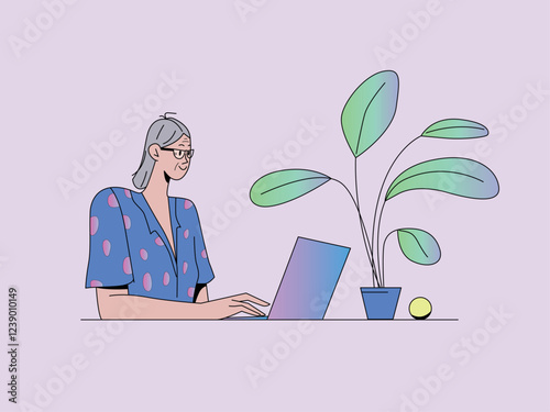 Elderly Woman in Blue Patterned Blouse Working on Laptop at Desk with Green Plant and Yellow Ball. Concept of Remote Work Digital Literacy Online Learning. Colored Flat Vector Illustration.