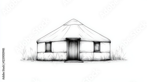 Hand-Drawn Illustration of a Traditional Rural Yurt Surrounded by Grassy Landscape