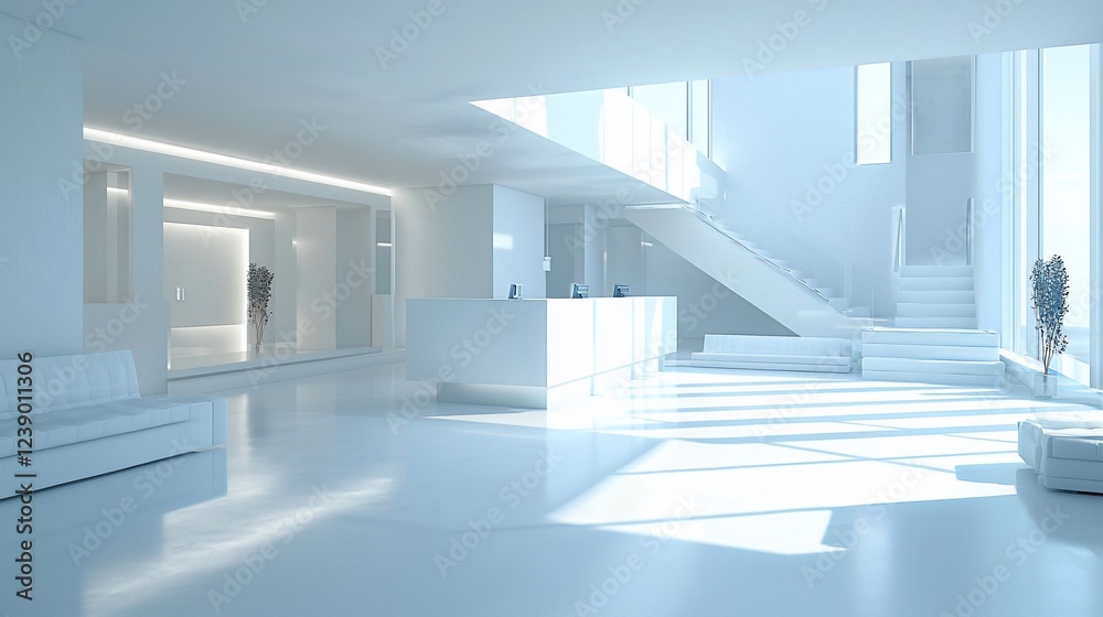 Obraz premium Modern white building interior; sunlight, reception, stairs