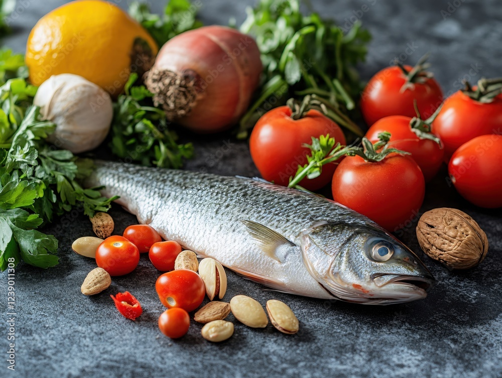 Fresh Fish with Red Tomatoes Lemon Beetroot and Nuts on a Dark Textured Surface Fresh Fish with Red Tomatoes Lemon Beetroot and Nuts on a Dark Textured Surface