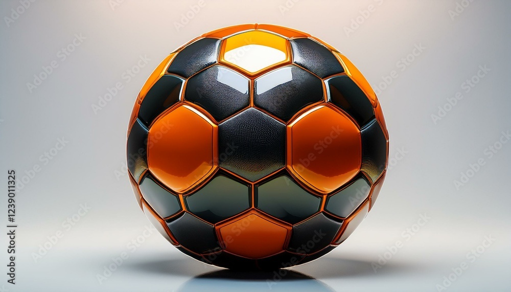Fototapeta premium shiny orange and black soccer ball standing on white background perfect for sports concepts