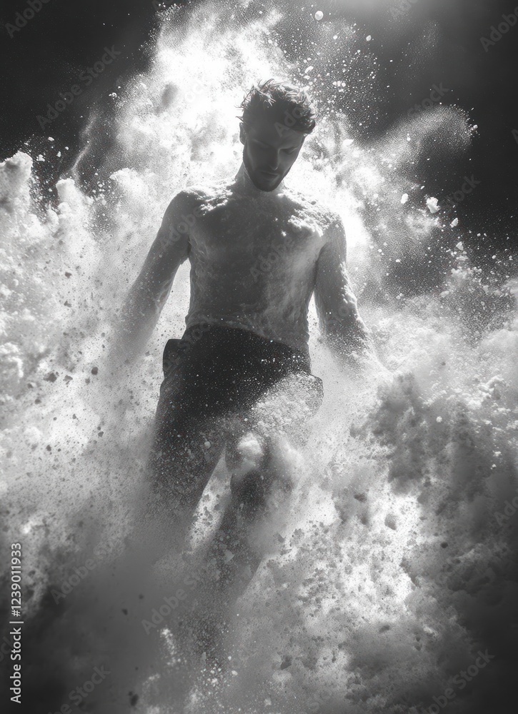 Fototapeta premium Dynamic Gymnast in Mid-Air Surrounded by White Powder Clouds Captured in Black and White Art Photography