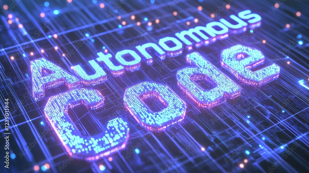 Futuristic Glowing Text Representing Autonomous Code Technology Futuristic Glowing Text Representing Autonomous Code Technology