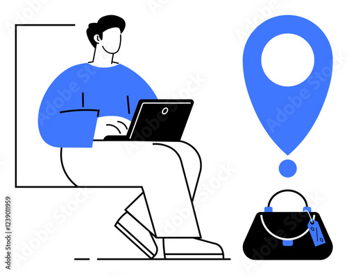 Man sitting with laptop tracking his lost bag using navigation marker for precise location identification. Ideal for travel security, technology integration, lost and found, GPS services, personal