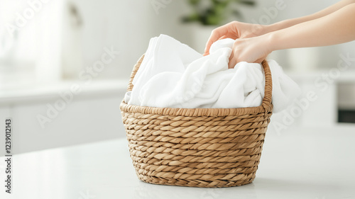Freshly laundered towels being placed in woven basket, showcasing clean and organized home environment. soft textures and neutral colors create calming atmosphere