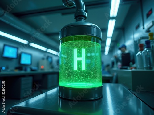 Green hydrogen storage technology showcased in a laboratory environment with glowing visualization photo