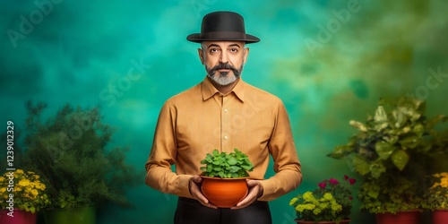 Man Holding Flowerpot in Garden