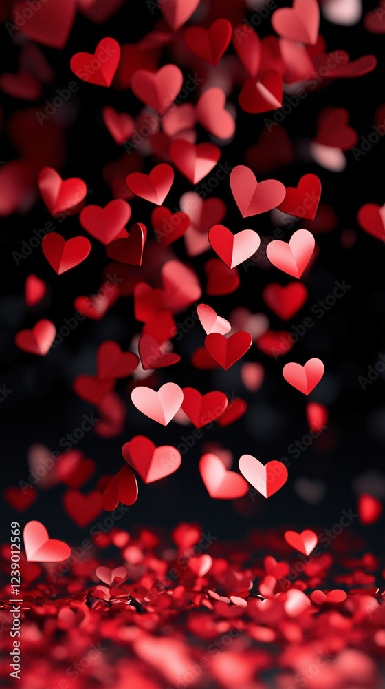 Red flat hearts of different sizes falling on a black background, isolated, 8K, high resolusion