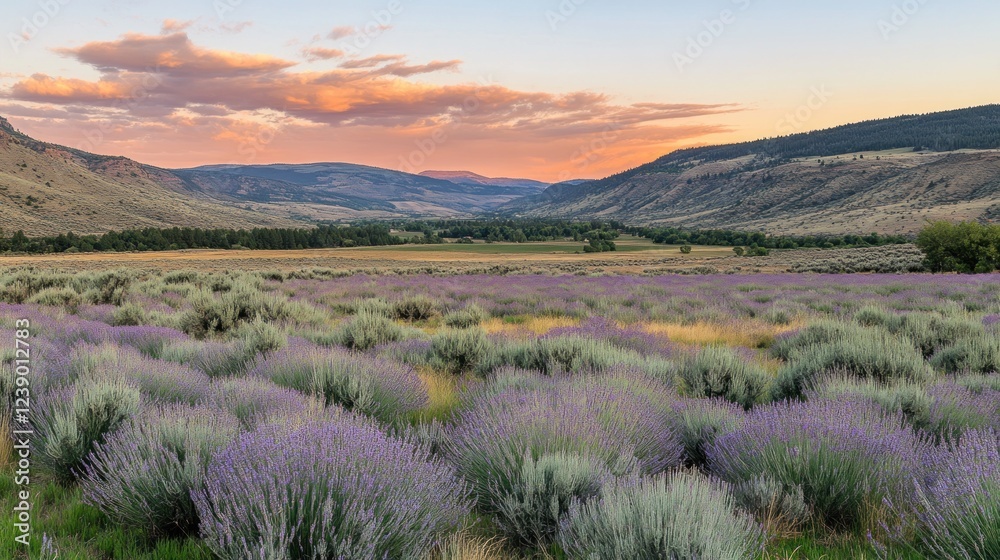 Obraz premium Lavender Field Sunset Mountain Valley Landscape